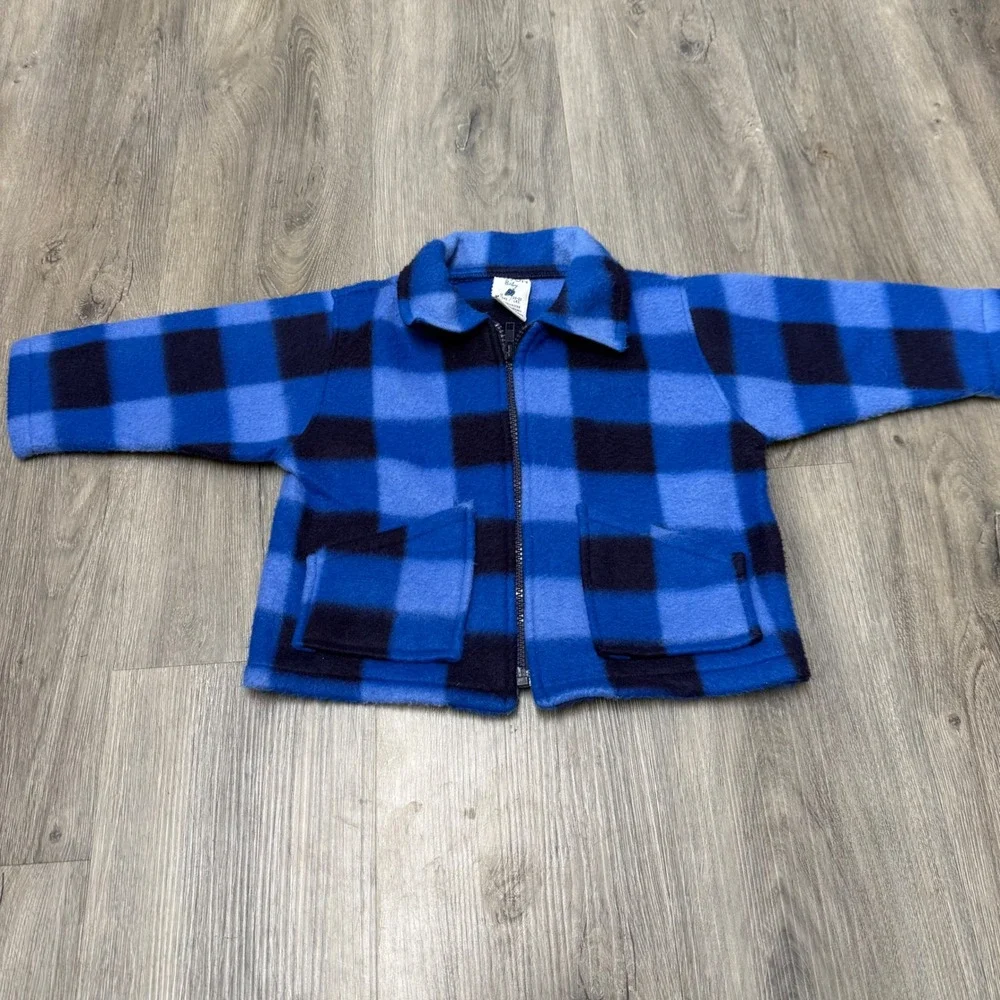 Vintage Sasson Baby Blue Buffalo Plaid Fleece Jacket & Denim Pants Set 12 Months